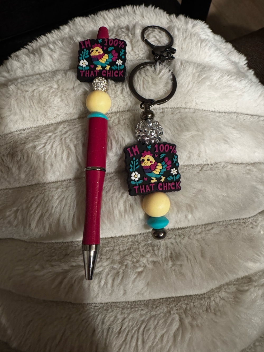 Pink Chick Charm Pen and Keychain Set — Playful Pink Accessories